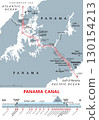 Panama Canal, gray political map and schematic diagram, with the sequence of locks and passages, that was expanded in 2016. Artificial waterway, connecting the Atlantic Ocean with the Pacific Ocean. 130154213
