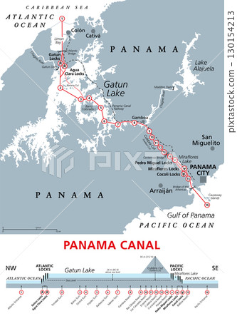 Panama Canal, gray political map and schematic diagram, with the sequence of locks and passages, that was expanded in 2016. Artificial waterway, connecting the Atlantic Ocean with the Pacific Ocean. Panama Canal, gray political map and schematic diagram, with the sequence of locks and passages, that was expanded in 2016. Artificial waterway, connecting the Atlantic Ocean with the Pacific Ocean. 130154213
