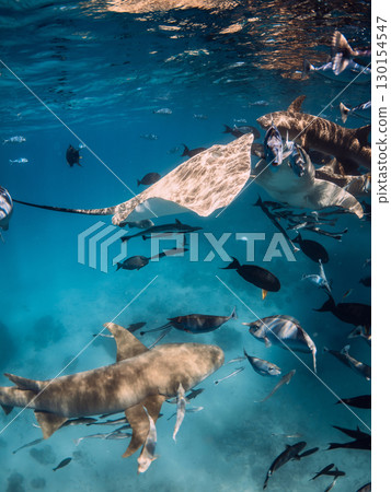 Stingray with sharks and a lot of fish swims undersea in ocean. 130154547