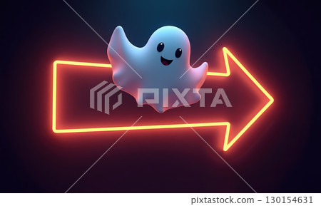 Cartoon ghost floating over neon arrow 130154631