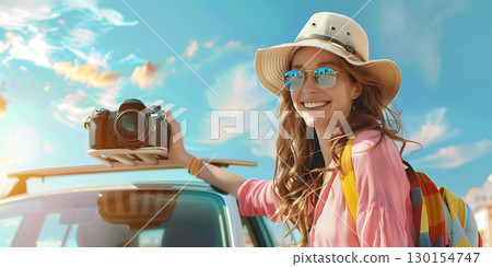 Smiling woman with camera standing on car roof background, World Tourism Day - Ai Generated 130154747