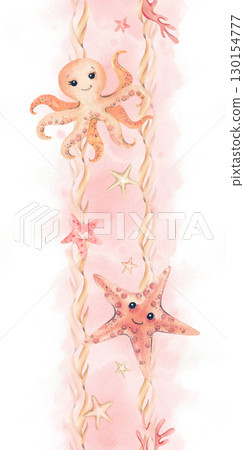 Watercolor seamless border starfish, octopus children aquatic animals. Stars, abstract seaweed lines. Illustration isolated background. Coral orange beige kids sea style interior sticker, stationery. Watercolor seamless border starfish, octopus children aquatic animals. Stars, abstract seaweed lines. Illustration isolated background. Coral orange beige kids sea style interior sticker, stationery. 130154777
