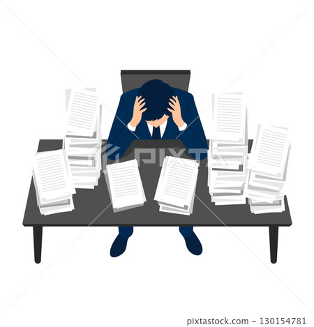 一個穿著西裝的男人拿著一堆文件，這是過度勞累和壓力的體現。 130154781