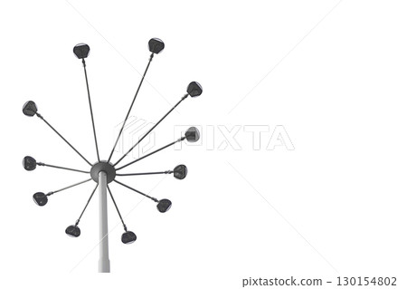 Street lamp post with eleven lanterns stretched on tubes in shape of flower or inflorescence in a basket, isolated on a white background, empty copy space for text. Lighting equipment blank, template 130154802