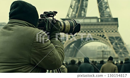 Photographer Captures Eiffel Tower with Lens, Amidst a Crowd in 130154817