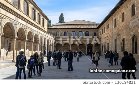 Ornate Stone Courtyard with Arches and Tourists Under a Bright B Ornate Stone Courtyard with Arches and Tourists Under a Bright B 130154821