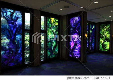 Illuminated Tree Art Panels in a Modern Interior Space with Natu 130154891
