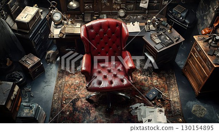 Ornate red leather chair in a dimly lit study with scattered pap 130154895