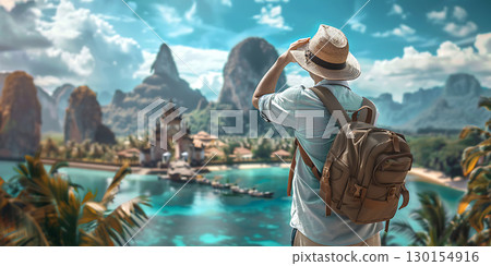 Thoughtful male tourist looking away searching route for destination background, World Tourism Day - Ai Generated 130154916