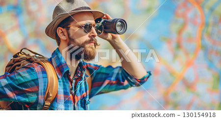 Thoughtful male tourist looking away searching route for destination background, World Tourism Day - Ai Generated 130154918
