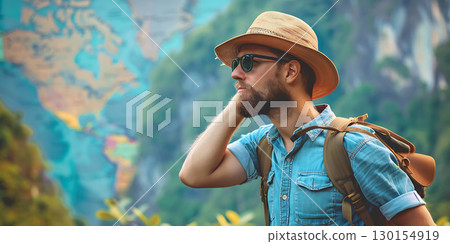 Thoughtful male tourist looking away searching route for destination background, World Tourism Day - Ai Generated 130154919