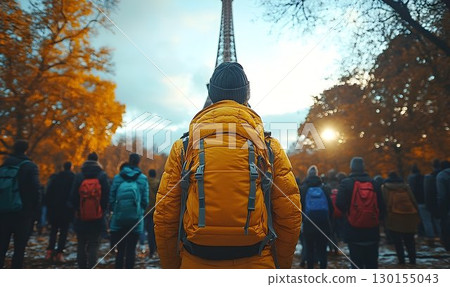 Parisian Pilgrimage: Tourist Gaze at Eiffel Tower Amidst Autumna 130155043
