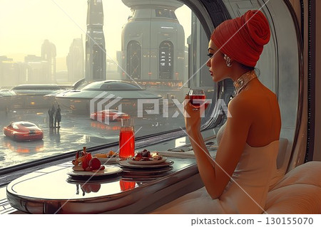 Elegant Woman in Futuristic City, Sipping Wine, Contemplating th 130155070