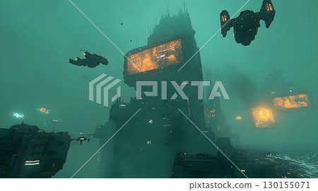 Futuristic cityscape with flying vehicles in a misty, teal-color 130155071