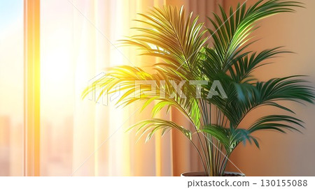 Golden Hour Glow: A Kentia Palm Bathed in Warm Sunlight by Sheer 130155088