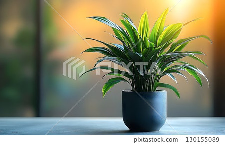 Lush Dracaena Plant in Dark Pot Bathed in Warm Sunlight Against 130155089