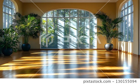 Sunlit Interior with Tropical Plants and Arched Window Overlooki Sunlit Interior with Tropical Plants and Arched Window Overlooki 130155094