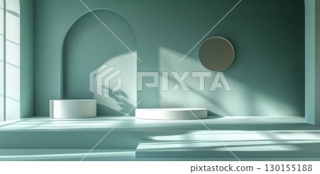 Modern Minimalist Product Display Scene Green Background White Pedestal room wall arch soft calm 130155188