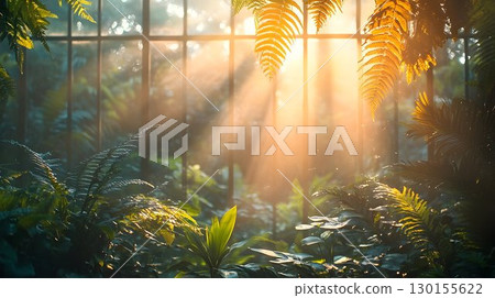Sunlit Greenhouse Interior with Ferns and Golden Light Streaming 130155622