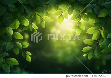 Sunlit Canopy: Lush Green Leaves Framing a Soft, Dreamy Forest G 130155628