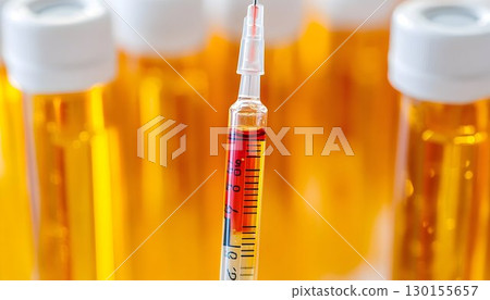 Medication vial and syringe filled with red liquid for treatment 130155657
