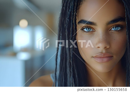 Striking portrait of a young woman with blue eyes and captivating dreadlocks 130155658