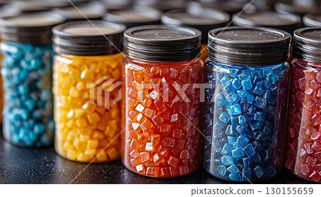 Jars filled with colorful candy cubes arrayed in a captivating line Jars filled with colorful candy cubes arrayed in a captivating line 130155659