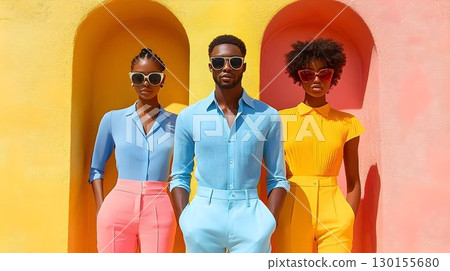 Vibrant trio of models showcasing colorful attire against an arched backdrop 130155680