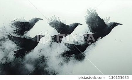 Raven dispersion, A flock ascending through smoke and ethereal light 130155683