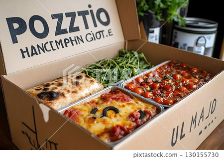 Artisanal Italian Cuisine Takeout Box Filled with Freshly Made Food Artisanal Italian Cuisine Takeout Box Filled with Freshly Made Food 130155730