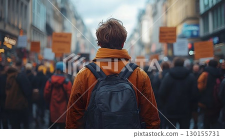 Anonymous young man marching with protestors through city streets united in purpose Anonymous young man marching with protestors through city streets united in purpose 130155731