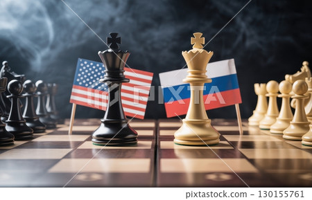 Geopolitical chessboard conflict with USA and russia flags between black and white kings Geopolitical chessboard conflict with USA and russia flags between black and white kings 130155761