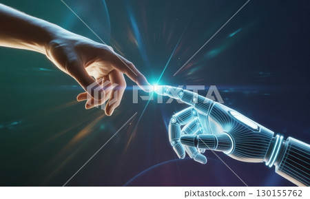Human and robotic hands touching fingertips, representing AI connection and future technology 130155762