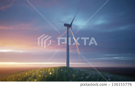Modern wind turbine generating clean energy on a grassy hill at dawn with dramatic sky Modern wind turbine generating clean energy on a grassy hill at dawn with dramatic sky 130155776
