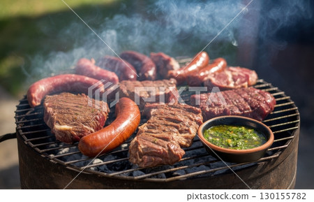 Sizzling argentine asado with thick cuts of charred steaks and sausages grilling on barbecue 130155782