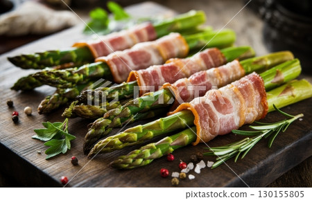 Delicious bacon wrapped asparagus spears on a rustic wooden board with herbs and spices 130155805