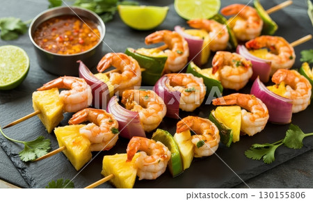 Grilled shrimp and pineapple skewers with red onion, bell pepper, and dipping sauce 130155806