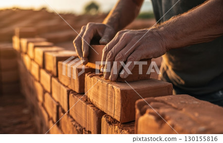 Close up of a construction worker hands laying red clay bricks during golden hour 130155816