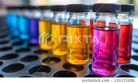 Assorted vibrant liquids in glass vials arranged on a laboratory tray 130155886