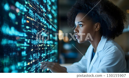 Focused researcher analyzes complex data on digital display screen 130155907