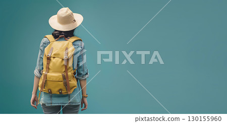 Travel woman with Backpack on solid background, World Tourism Day - Ai Generated 130155960