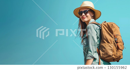 Travel woman with Backpack on solid background, World Tourism Day - Ai Generated Travel woman with Backpack on solid background, World Tourism Day - Ai Generated 130155962