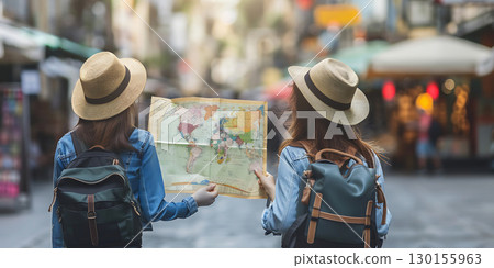 Two female tourists hold a map to find place background, World Tourism Day - Ai Generated Two female tourists hold a map to find place background, World Tourism Day - Ai Generated 130155963