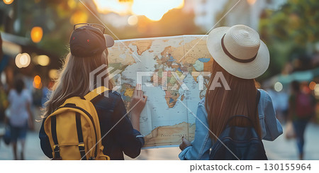 Two female tourists hold a map to find place background, World Tourism Day - Ai Generated Two female tourists hold a map to find place background, World Tourism Day - Ai Generated 130155964