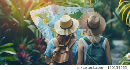 Two female tourists hold a map to find place background, World Tourism Day - Ai Generated 130155965