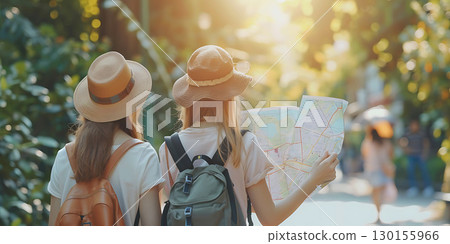 Two female tourists hold a map to find place background, World Tourism Day - Ai Generated Two female tourists hold a map to find place background, World Tourism Day - Ai Generated 130155966