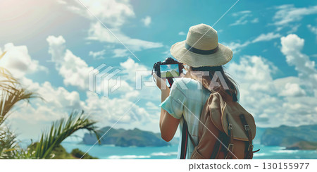 Woman tourist holding photo camera background, World Tourism Day - Ai Generated Woman tourist holding photo camera background, World Tourism Day - Ai Generated 130155977
