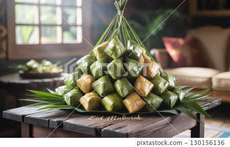 Traditional indonesian ketupat rice cakes stacked for eid mubarak celebration Traditional indonesian ketupat rice cakes stacked for eid mubarak celebration 130156136