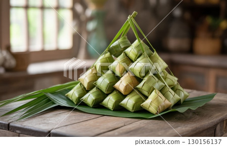 Traditional indonesian ketupat rice cakes stacked in a pyramid shape on a wooden table 130156137