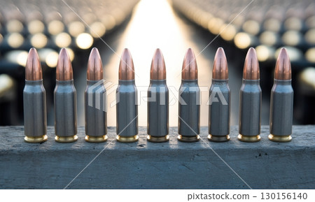 Close up of a perfectly aligned row of nine rifle bullets with copper tips and grey casings 130156140